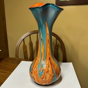 Essie Zareh Art Glass Vase 17" turquoise and orange